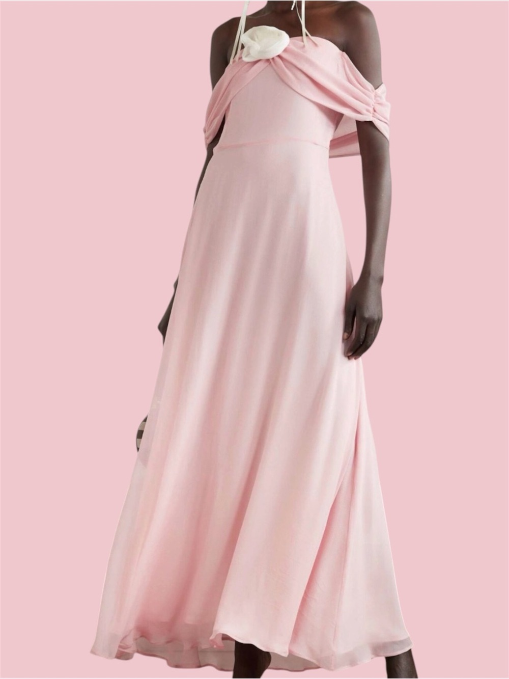 Bernadette Blush Pink Blair Off Shoulder Rose Appliqué Silk Georgette Maxi Dress